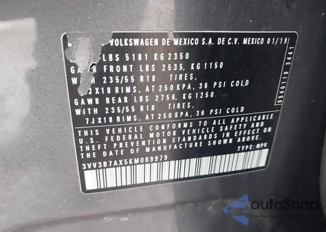 2019 Volkswagen Tiguan 2.0T Se/2.0T Sel/2.0T Sel R-Line/2.0T Sel R-Line Black from USA, damaged, VIN 3VV3B7AX5KM089979